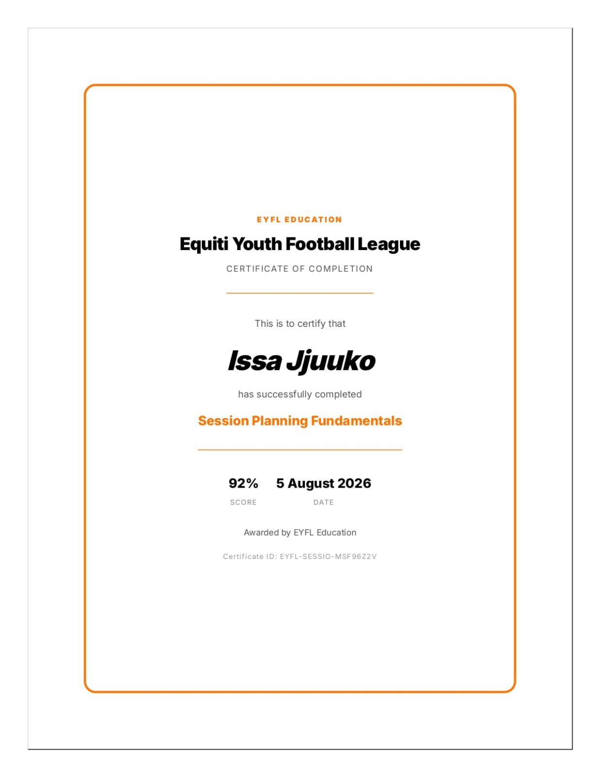 Youth Athletic Development certificate